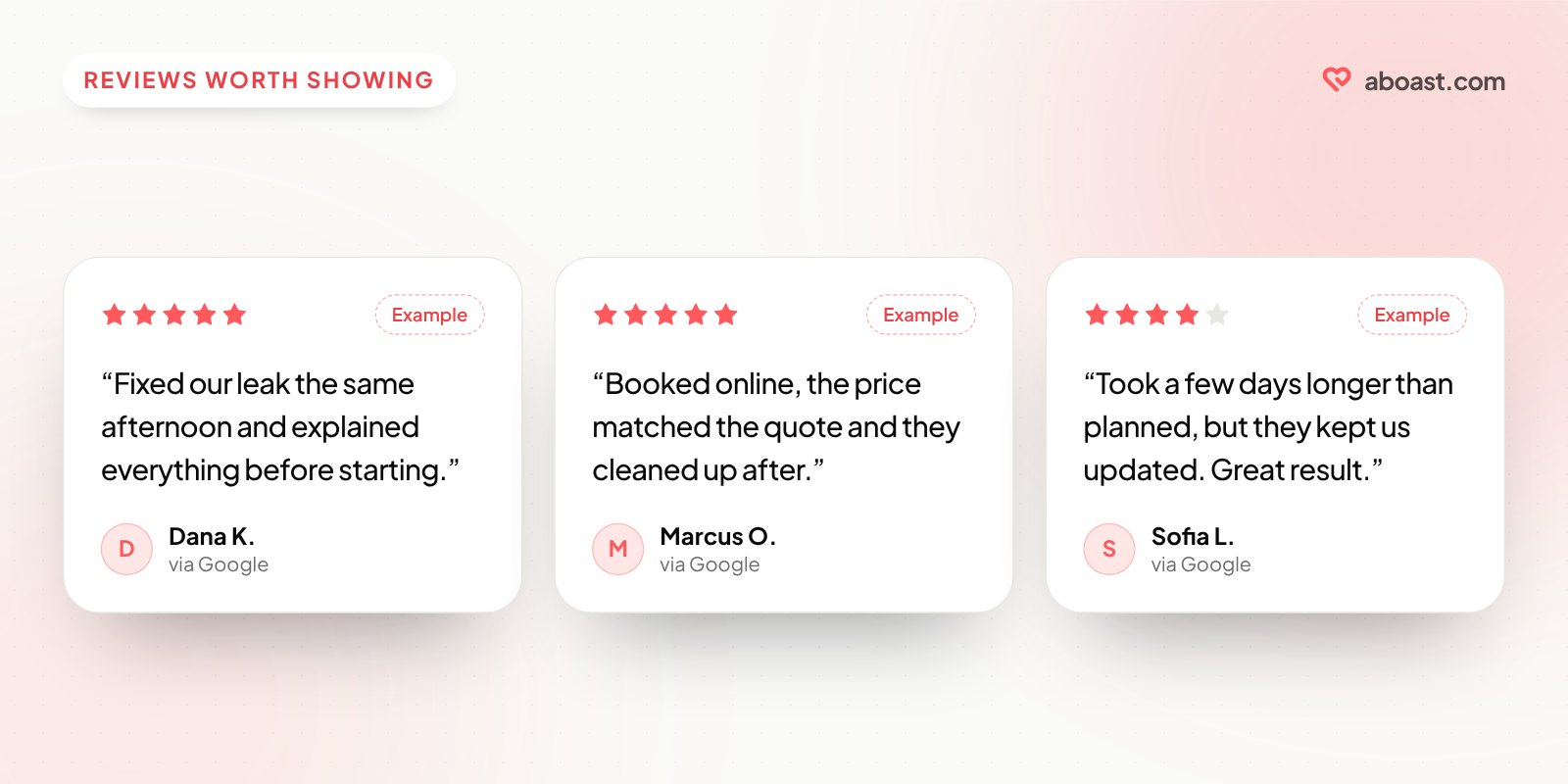 Three example Google reviews worth showing: two specific five-star reviews and a detailed four-star review.