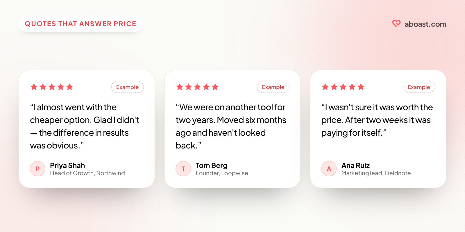 Three example testimonials for a pricing page: one about choosing the pricier option, one from a customer who switched, and one about doubting the price.