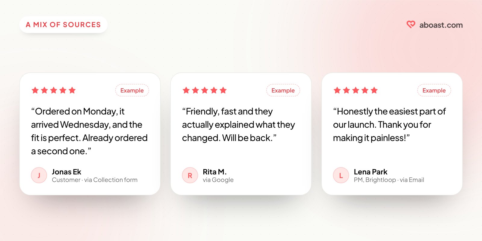 Three example testimonial cards from different sources: a collection form, a Google review and an email.